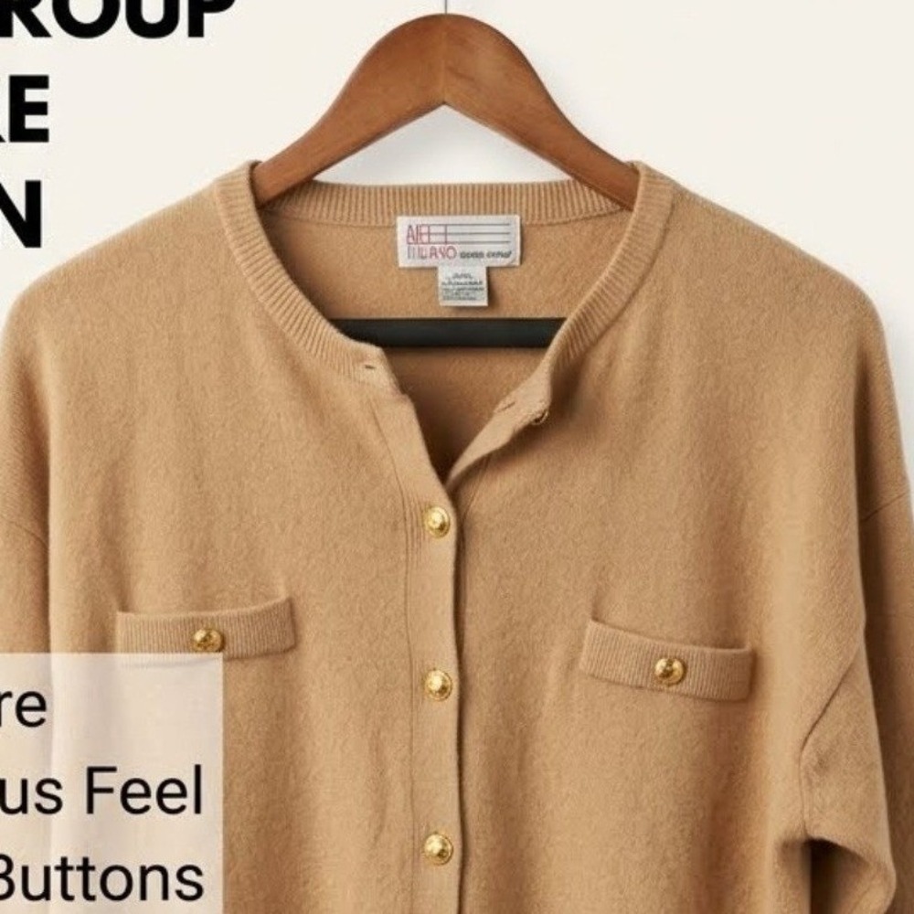 Vintage Milano‎ Design Group Tan Cardigan Gold Crest Buttons Acrylic XL Womens